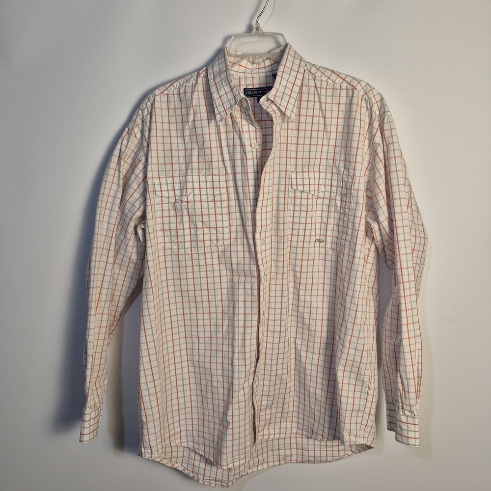 Roper M Large Plaid Button Up Shirt White Orange Tan Ranch Western Long Sleeve
